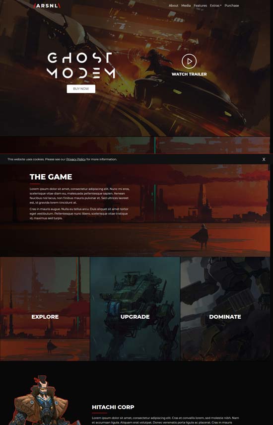 arsnl video game landing page template