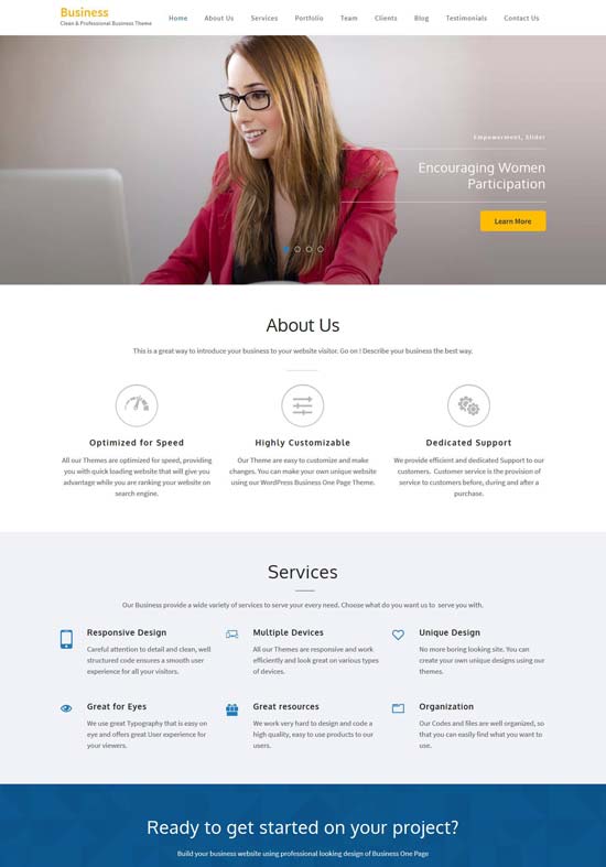 business one page free theme wordpress