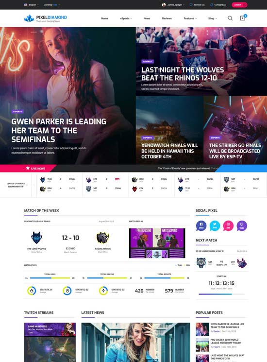 pixel diamond html esports template