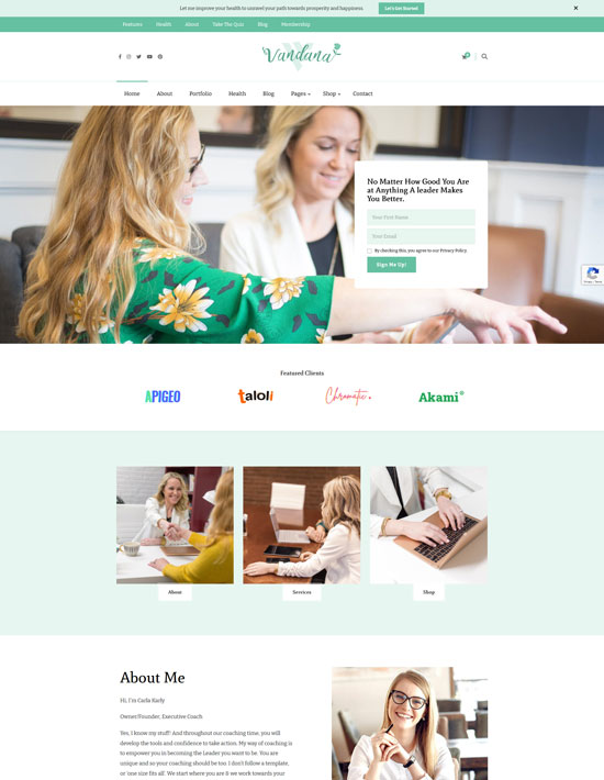 vandana health coach wordpress theme