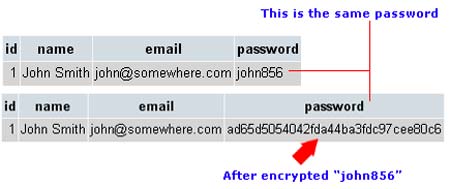 Encrypting Password using md5() function