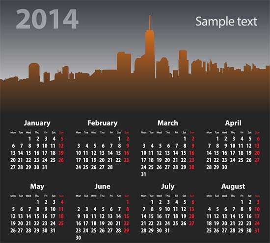 Free Calendar 2014 City Silhouette Vector