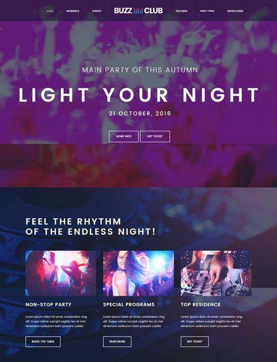 tema de WordPress para club nocturno buzz club 