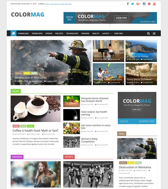 colormag free responsive magazine WordPress theme