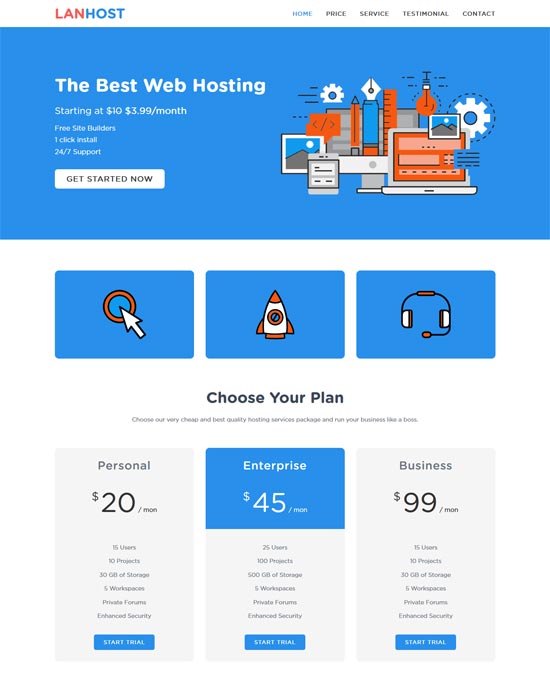 lanhost one page hosting landing page 