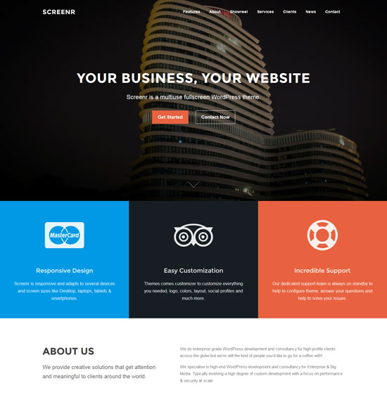 screenr free fullscreen parallax WordPress theme