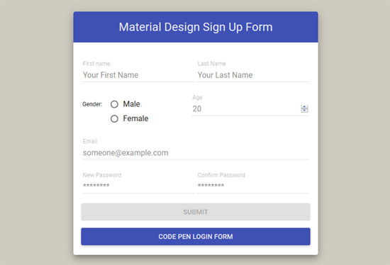 sign up form material design angular